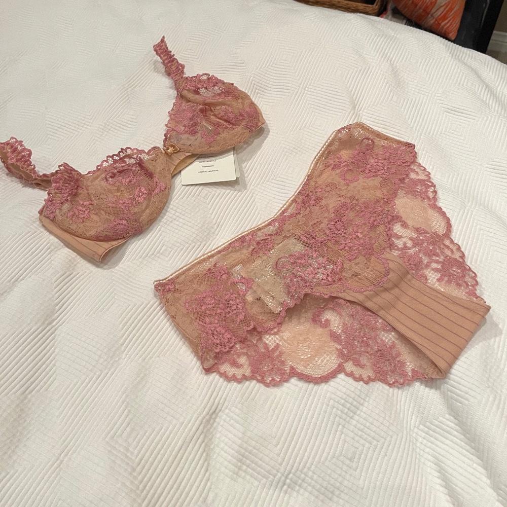 NWT LA PERLA GLAMOUR DEEP PINK AND TAN BRA AND PANTY SET
